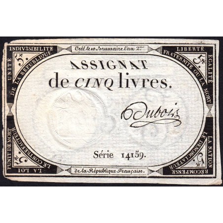 Assignat 46a - 5 livres - 10 brumaire an 2 - Signature 34 - Etat : TTB-