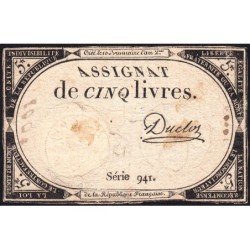 Assignat 46a - 5 livres - 10 brumaire an 2 - Signature 35 - Etat : TB