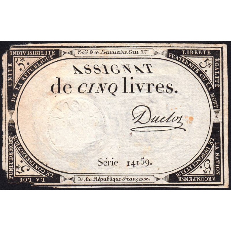 Assignat 46a - 5 livres - 10 brumaire an 2 - Signature 35 - Etat : TB-