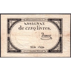 Assignat 46a - 5 livres - 10 brumaire an 2 - Signature 37 - Etat : TB+