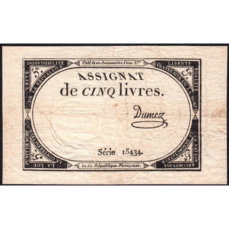 Assignat 46a - 5 livres - 10 brumaire an 2 - Signature 37 - Etat : TB+