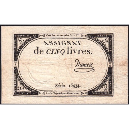 Assignat 46a - 5 livres - 10 brumaire an 2 - Signature 37 - Etat : TB+