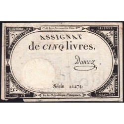 Assignat 46a - 5 livres - 10 brumaire an 2 - Signature 37 - Etat : TB-