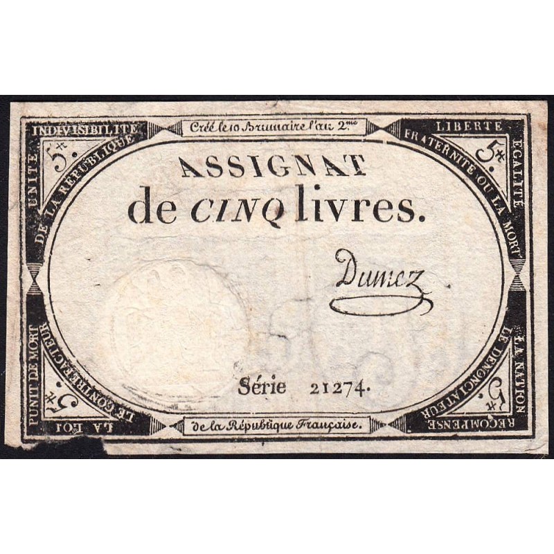 Assignat 46a - 5 livres - 10 brumaire an 2 - Signature 37 - Etat : TB-