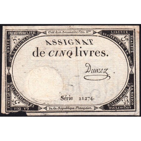 Assignat 46a - 5 livres - 10 brumaire an 2 - Signature 37 - Etat : TB-