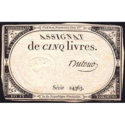 Assignat 46a - 5 livres - 10 brumaire an 2 - Signature 38 - Etat : TTB-