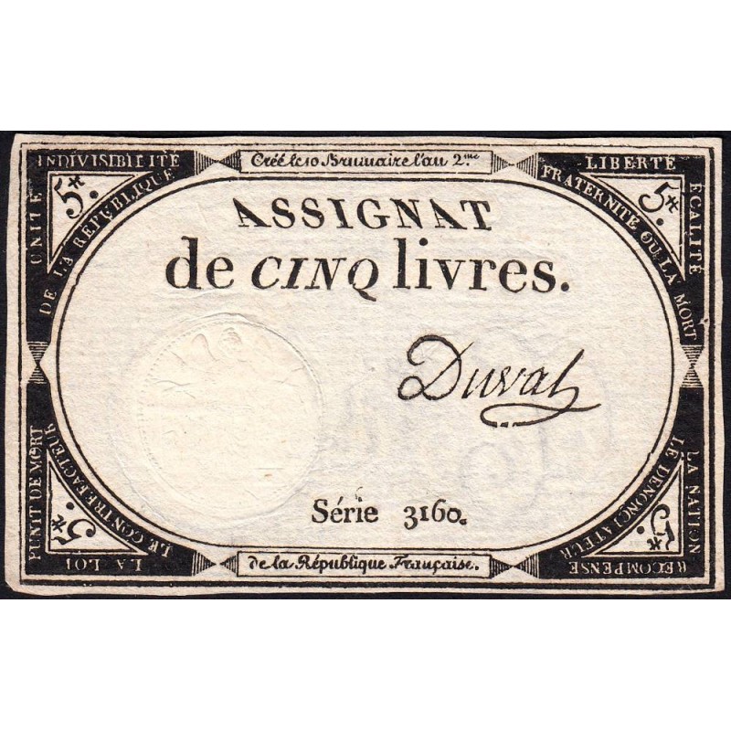 Assignat 46a - 5 livres - 10 brumaire an 2 - Signature 39 - Etat : TTB+