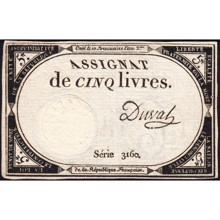 Assignat 46a - 5 livres - 10 brumaire an 2 - Signature 39 - Etat : TTB+