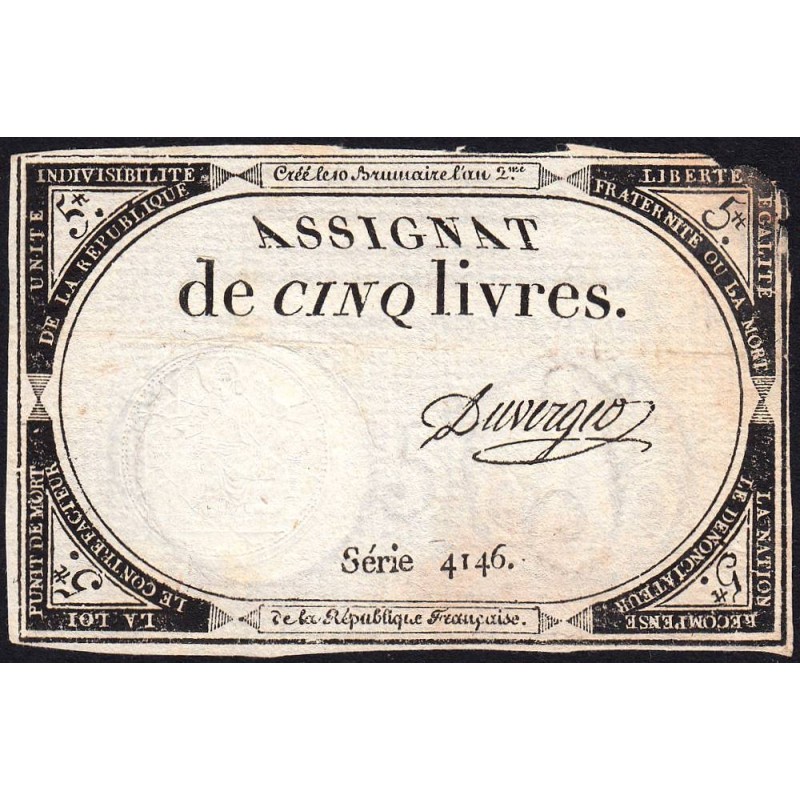 Assignat 46a - 5 livres - 10 brumaire an 2 - Signature 41 - Etat : TB