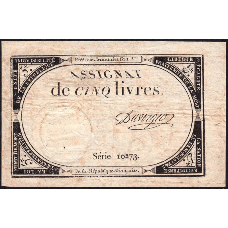 Assignat 46a - 5 livres - 10 brumaire an 2 - Signature 41 - Etat : TB