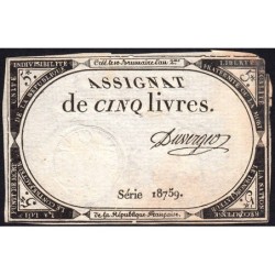 Assignat 46a - 5 livres - 10 brumaire an 2 - Signature 41 - Etat : TB
