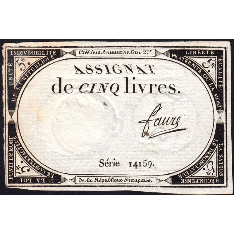 Assignat 46a - 5 livres - 10 brumaire an 2 - Signature 43 - Etat : TTB
