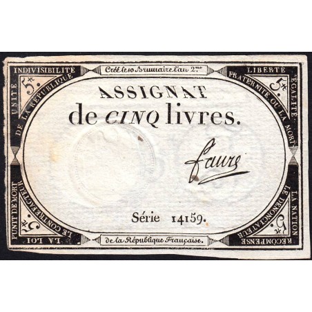 Assignat 46a - 5 livres - 10 brumaire an 2 - Signature 43 - Etat : TTB