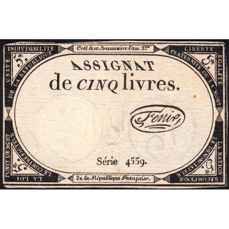 Assignat 46a - 5 livres - 10 brumaire an 2 - Signature 44 - Etat : TB+
