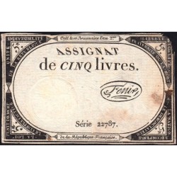 Assignat 46a - 5 livres - 10 brumaire an 2 - Signature 44 - Etat : TB
