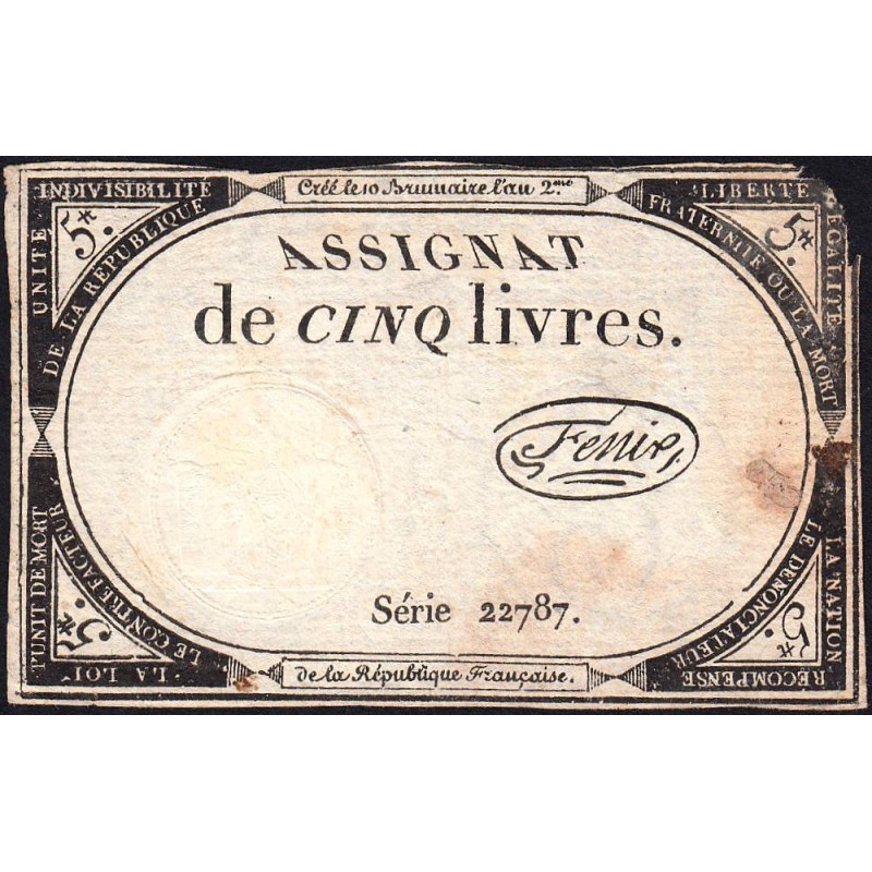 Assignat 46a - 5 livres - 10 brumaire an 2 - Signature 44 - Etat : TB
