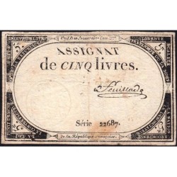 Assignat 46a - 5 livres - 10 brumaire an 2 - Signature 45 - Etat : TB-
