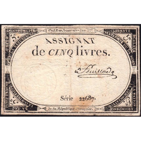 Assignat 46a - 5 livres - 10 brumaire an 2 - Signature 45 - Etat : TB-