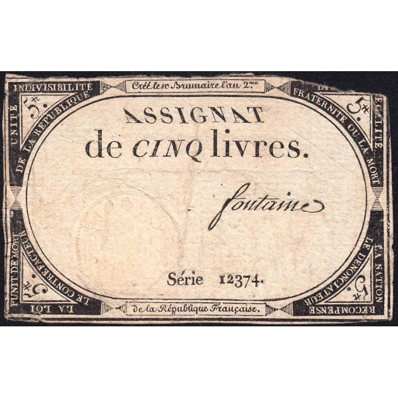 Assignat 46a - 5 livres - 10 brumaire an 2 - Signature 46 - Etat : B+