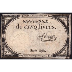 Assignat 46a - 5 livres - 10 brumaire an 2 - Signature 47 - Etat : B+