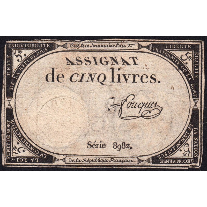 Assignat 46a - 5 livres - 10 brumaire an 2 - Signature 47 - Etat : B+