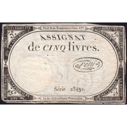 Assignat 46a - 5 livres - 10 brumaire an 2 - Signature 44 - Etat : TB+