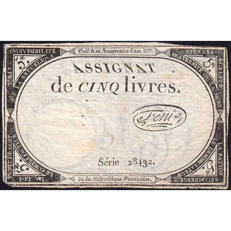 Assignat 46a - 5 livres - 10 brumaire an 2 - Signature 44 - Etat : TB+
