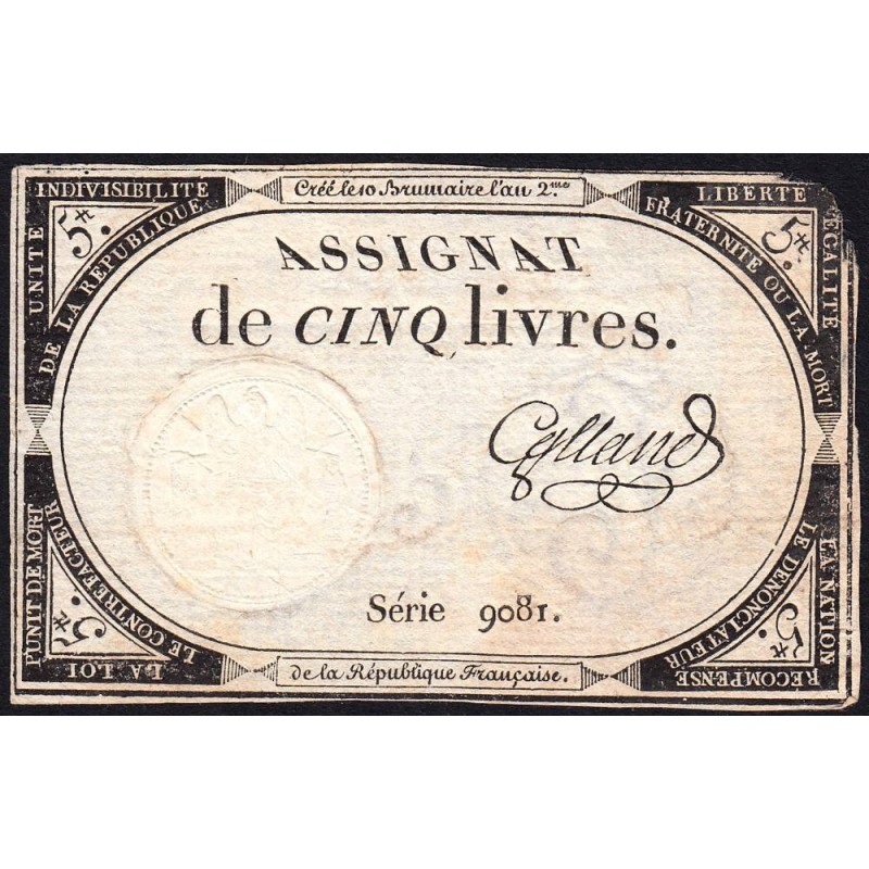 Assignat 46a - 5 livres - 10 brumaire an 2 - Signature 48 - Etat : TB