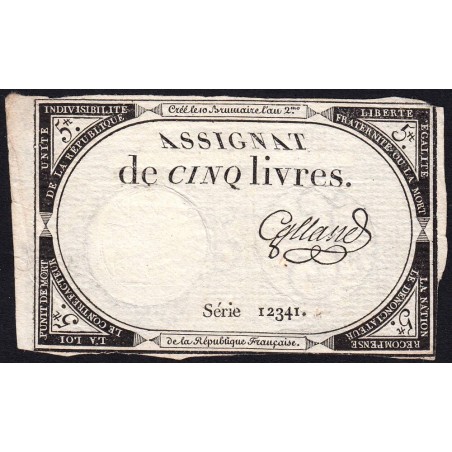 Assignat 46a - 5 livres - 10 brumaire an 2 - Signature 48 - Etat : TB+