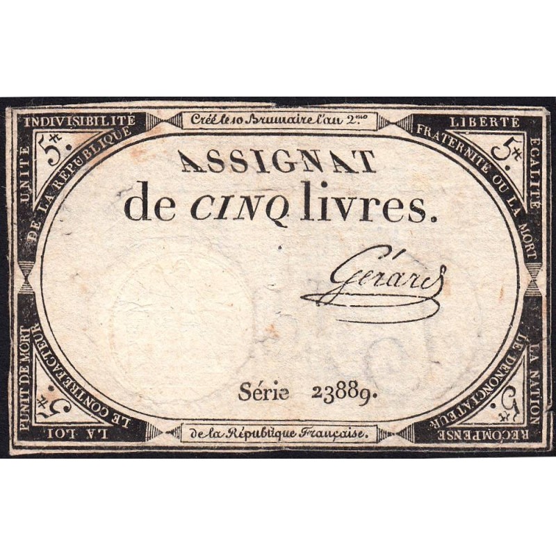 Assignat 46a - 5 livres - 10 brumaire an 2 - Signature 50 - Etat : TB+