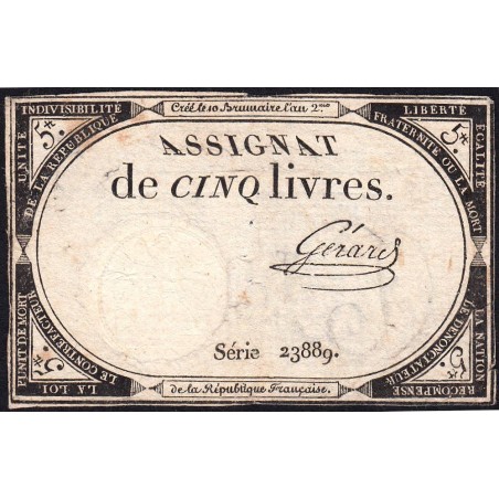 Assignat 46a - 5 livres - 10 brumaire an 2 - Signature 50 - Etat : TB+