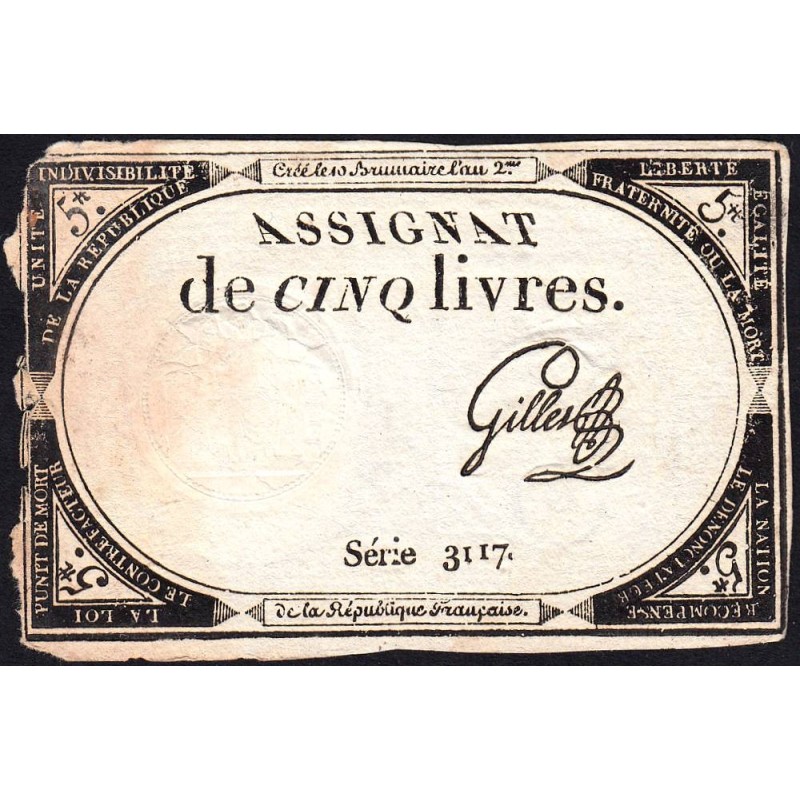 Assignat 46a - 5 livres - 10 brumaire an 2 - Signature 51 - Etat : TB