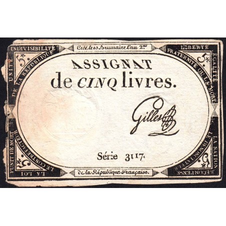 Assignat 46a - 5 livres - 10 brumaire an 2 - Signature 51 - Etat : TB
