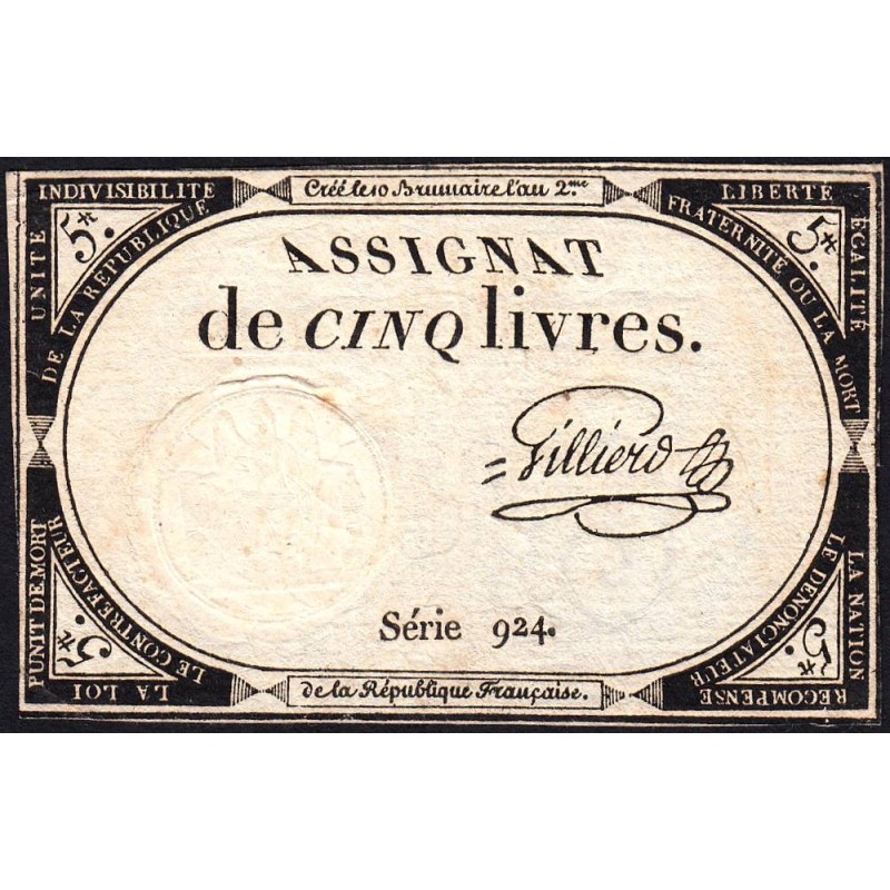 Assignat 46a - 5 livres - 10 brumaire an 2 - Signature 52 - Etat : TTB