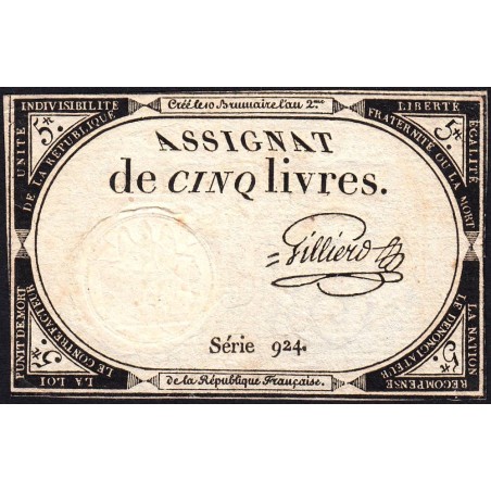 Assignat 46a - 5 livres - 10 brumaire an 2 - Signature 52 - Etat : TTB