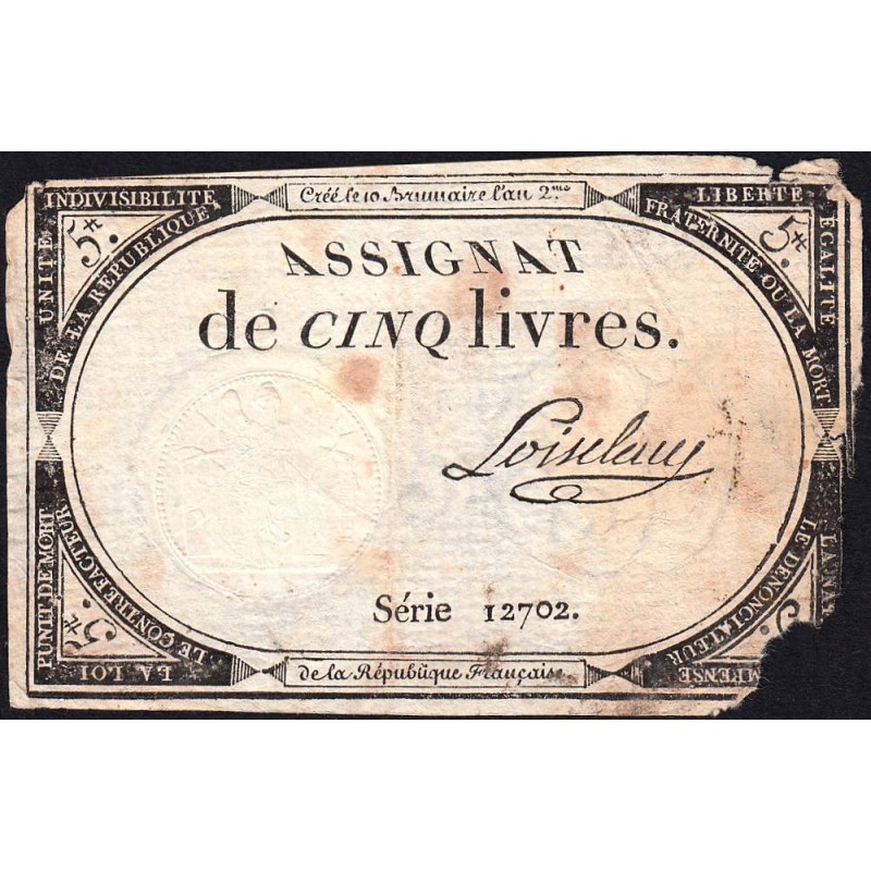 Assignat 46a - 5 livres - 10 brumaire an 2 - Signature 71 - Etat : B-