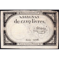 Assignat 46a - 5 livres - 10 brumaire an 2 - Signature 74 - Etat : TTB-