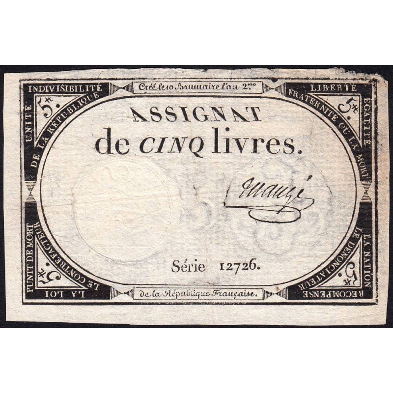 Assignat 46a - 5 livres - 10 brumaire an 2 - Signature 74 - Etat : TTB-