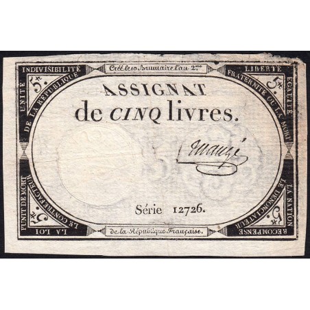 Assignat 46a - 5 livres - 10 brumaire an 2 - Signature 74 - Etat : TTB-