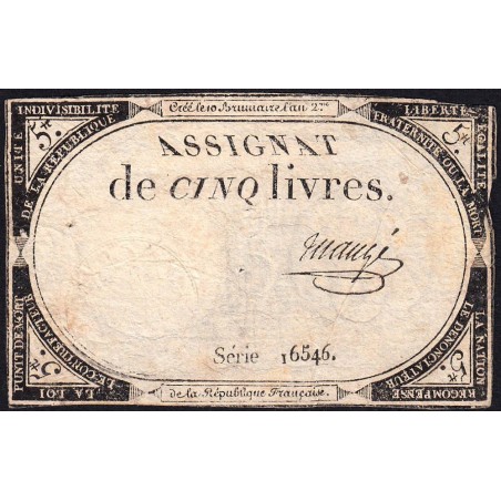 Assignat 46a - 5 livres - 10 brumaire an 2 - Signature 74 - Etat : TB