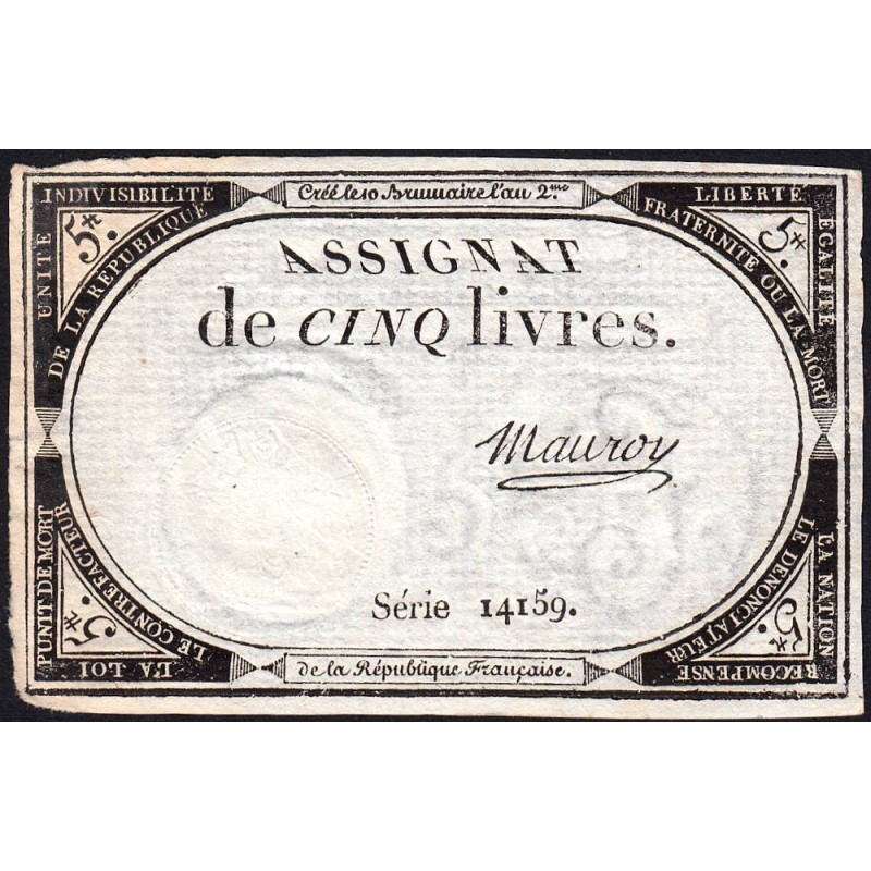Assignat 46a - 5 livres - 10 brumaire an 2 - Signature 75 - Etat : SUP