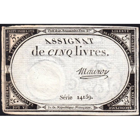 Assignat 46a - 5 livres - 10 brumaire an 2 - Signature 75 - Etat : SUP