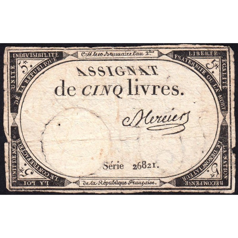 Assignat 46a - 5 livres - 10 brumaire an 2 - Signature 77 - Etat : B