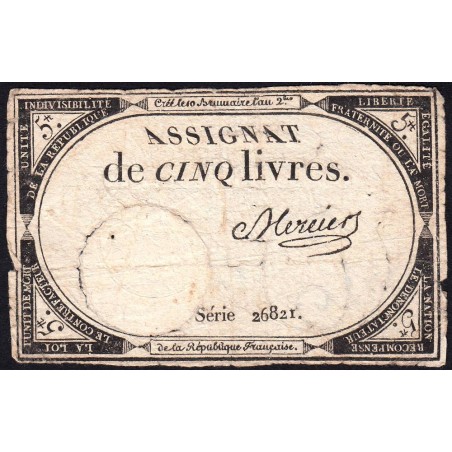 Assignat 46a - 5 livres - 10 brumaire an 2 - Signature 77 - Etat : B