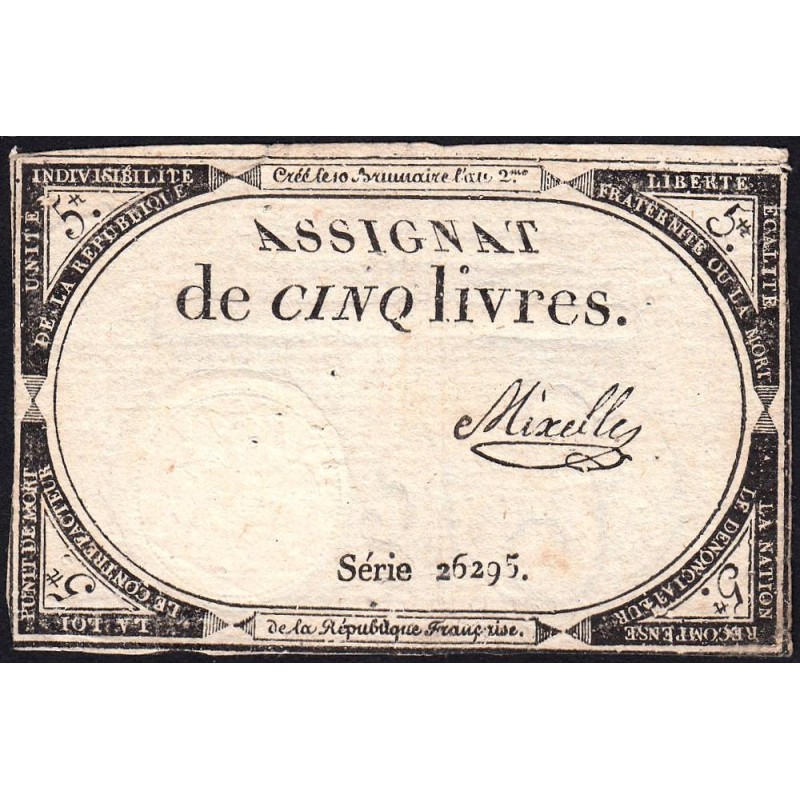 Assignat 46a - 5 livres - 10 brumaire an 2 - Signature 79 - Etat : TTB