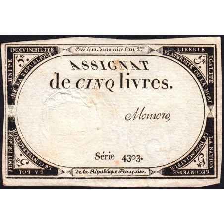 Assignat 46a - 5 livres - 10 brumaire an 2 - Signature 80 - Etat : TTB+