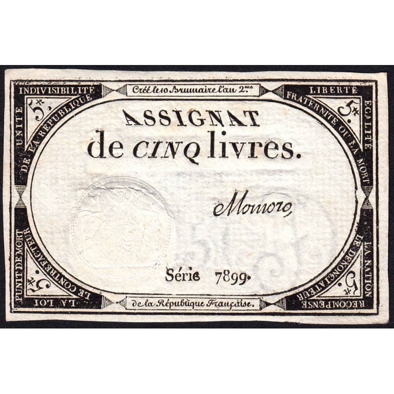 Assignat 46a - 5 livres - 10 brumaire an 2 - Signature 80 - Etat : SPL