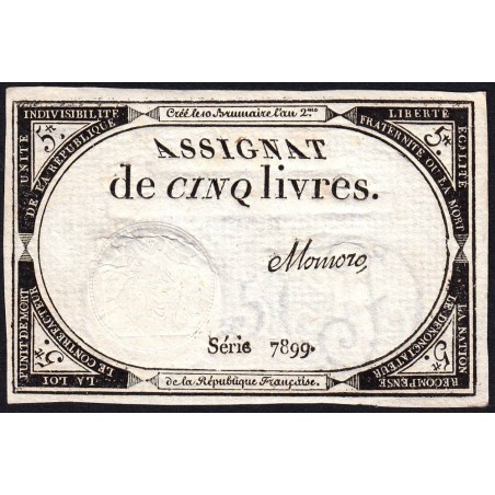 Assignat 46a - 5 livres - 10 brumaire an 2 - Signature 80 - Etat : SPL