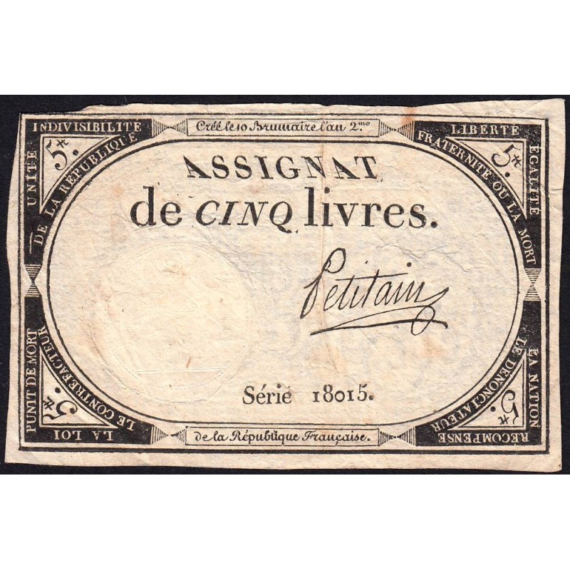 Assignat 46a - 5 livres - 10 brumaire an 2 - Signature 83 - Etat : TB+