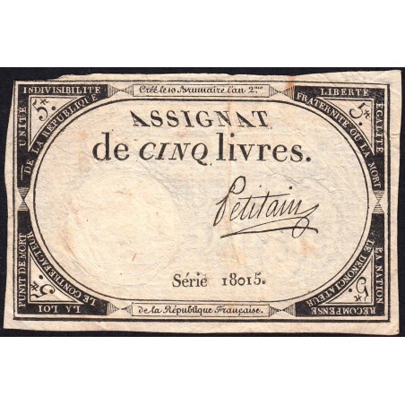 Assignat 46a - 5 livres - 10 brumaire an 2 - Signature 83 - Etat : TB+